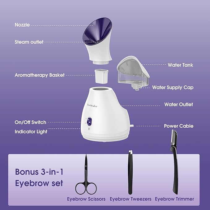 Newbealer 2in1 Facial Steamer, Hot Mist Facial Aromatherapy Humidifier Atomizer, Large Face Steamer Unclogs Pores Sinuses Moisturizing, Home Sauna Spa with Eyebrow Set (Purple, 170ml)