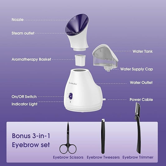 Newbealer 2in1 Facial Steamer, Hot Mist Facial Aromatherapy Humidifier Atomizer, Large Face Steamer Unclogs Pores Sinuses Moisturizing, Home Sauna Spa with Eyebrow Set (Purple, 170ml)