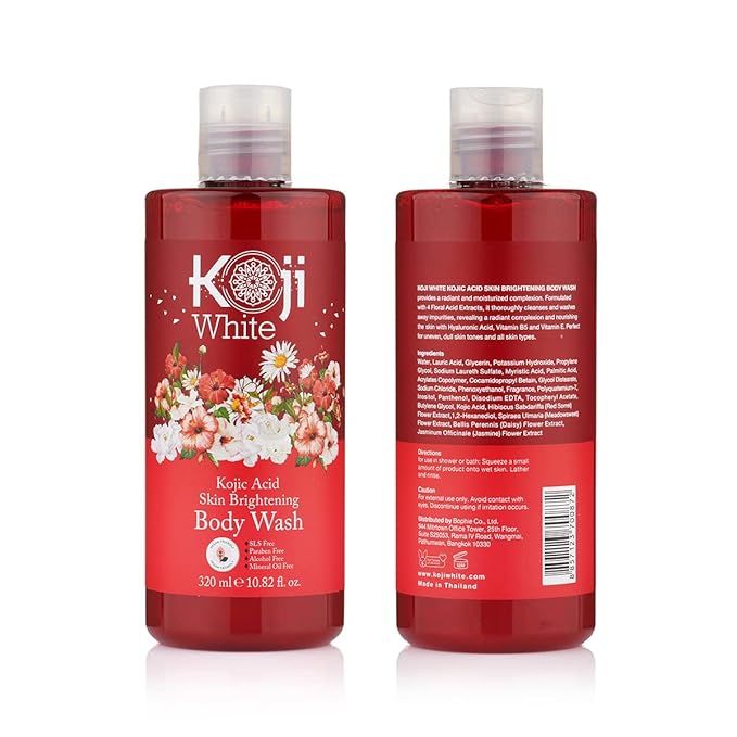 Koji White Kojic Acid Skin Brightening Body Wash - Daily Moisturizing Cleanser, Uneven Skin Tone with Flower Acid Extracts, Hyaluronic Acid, Vitamin E & B5, Vegan Body Wash, 10.82 Fl oz