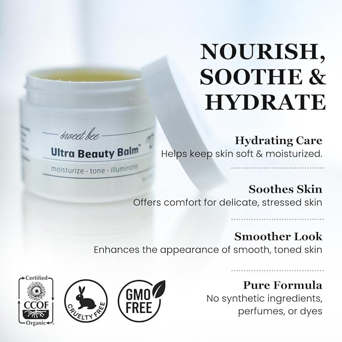 Sweet Bee Naturals Ultra Beauty Balm – Certified Organic Moisturizer Face Cream, Hydrating, Anti-Aging, Soothing, Firming, & Nourishing Facial Moisturizer, Face Lotion with Honey & Beeswax 2 oz