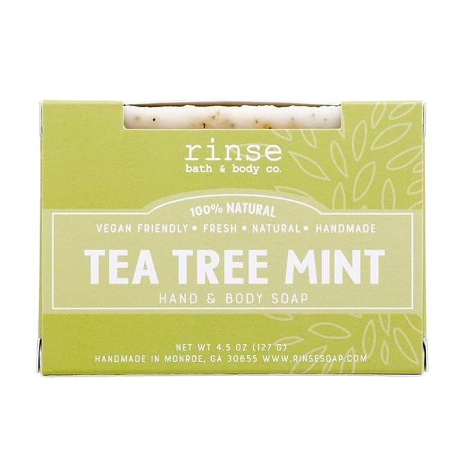 Rinse Bath & Body Peppermint & Tea Tree Oil Soap Bar - Handmade Castile Bar Soap | Naturally Moisturizing & Cleansing | Acne, Poison Ivy | Shea & Cocoa Butter | Essential Oils | Vegan Friendly| 4.25oz