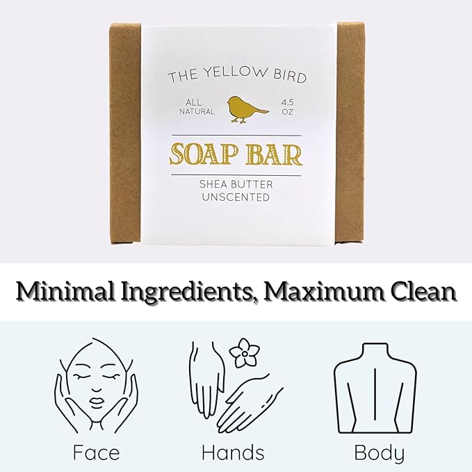 Yellow Bird Unscented Shea Butter Soap Bar – Natural Vegan Handmade Face & Body Soap for Men & Women with Sensitive Skin – Gentle, Moisturizing & Fragrance-Free with Organic Plant Oils
