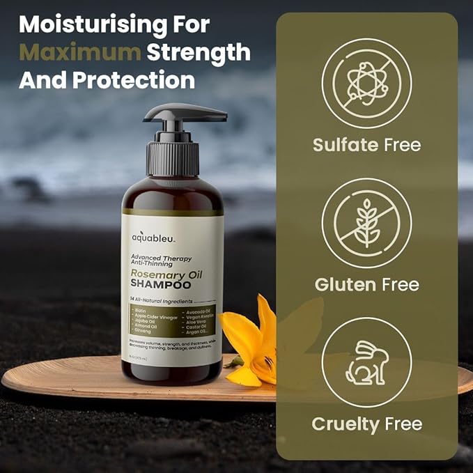 Aquableu Advanced Therapy Anti-Thinning Rosemary Oil Shampoo with 14 All-Natural Ingredients for Volume, Strength, and Thickness (16oz)
