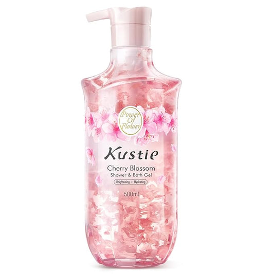 Kustie Cherry Blossom Brightening Body Wash with Real Flower Petals & Niacinamide – Hydrating Perfume Antioxidants-Rich Shower Gel, Amino Acids & Long-Lasting 24H Floral Fragrance, 16.9 Fl Oz