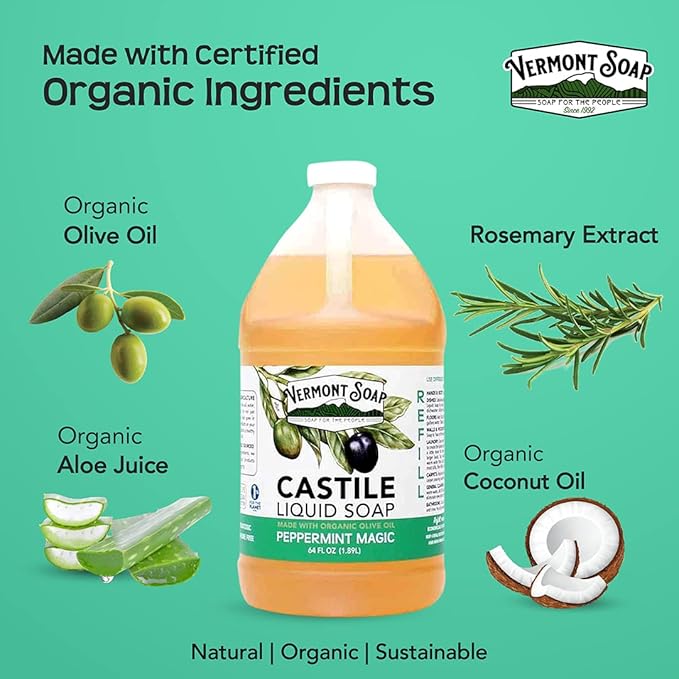 Vermont Castile Soap Peppermint, Gentle Liquid Soap for Sensitive Skin & Natural Body Wash, Organic Hair Shampoo for Oily Hair, Aloe Castile Soap for Men & Women - 64 Oz