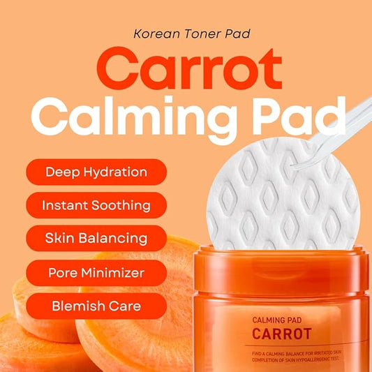 Carrot Calming Toner Pads – Korean Face Toner Pad with Centella Asiatica, Hydrating & Pore Minimizer, Soothing & Hydrating with Jeju Carrot Extract, 100% 7 Layer Cotton 40 Pads