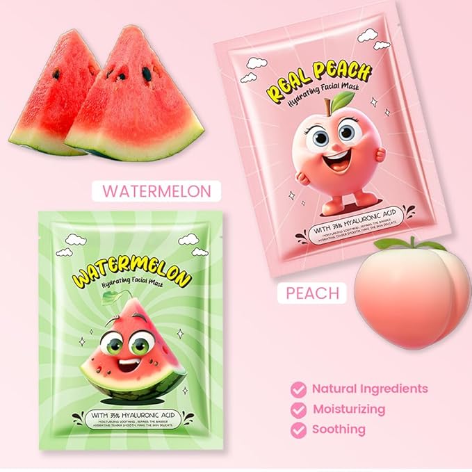 Kaely 10 Pack Fruit Face Masks for Kids, Kids Face Mask Spa Day Kit Supplies, Spa Party Favors for Teens Girls Women, Sheet Facial Mask Skincare Gifts Set, Moisturize Soothe for All Skin Types, 04