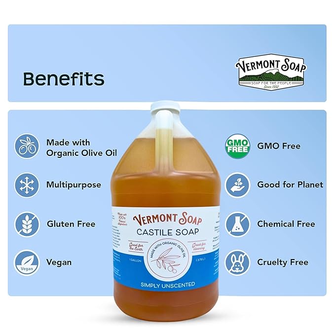 Vermont Castile Soap Unscented, Gentle Liquid Soap for Sensitive Skin & Natural Body Wash, Organic Hair Shampoo for Oily Hair, Aloe Castile Soap for Men & Women - Gallon