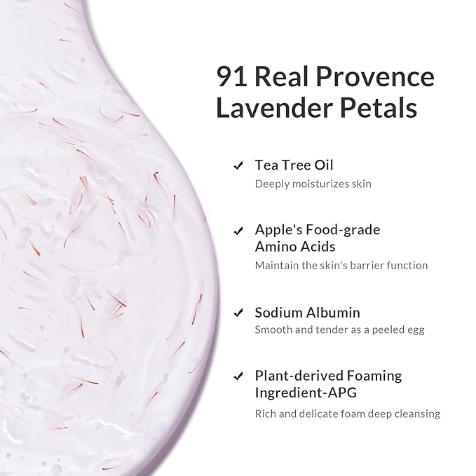 Kustie Lavender Travel Size Body Wash – 100ml Mini Shower Gel with Real Provence Petals & Tea Tree Oil – Antibacterial, Moisturizing, 24HR Floral Scent for Oily, Sensitive & Acne-Prone Skin