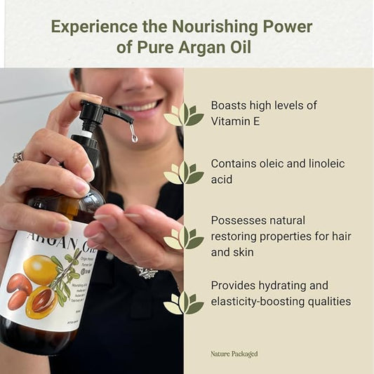 Argan Oil for Hair Growth Oil 8oz (Aceite de Argan) - 100% Pure Cold Pressed Moroccan Oil with Pump - Suitable for Colored & Damaged Hair - Argan Oil for Face, Body Oils, Nail & Scalp