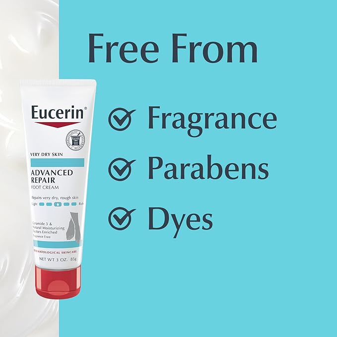 Eucerin Advanced Repair Foot Cream for Dry Feet and Heels, Repairs Very Dry, Rough Skin, Fragrance Free, Non Greasy, Fast Absorbing, Travel Size Lotion, 3 Oz Tube, Pack of 3