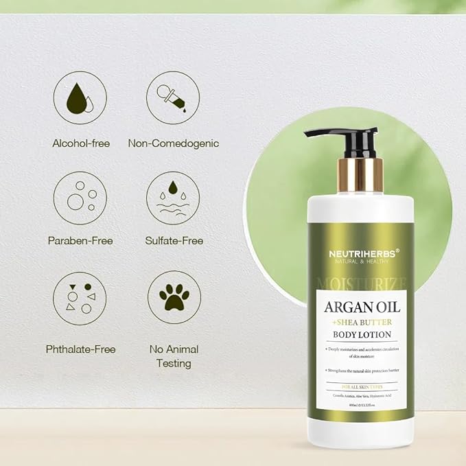 Neutriherbs Body Lotion for Women and Men, Argan Oil + Shea Butter Body Cream, Deep Moisture and Soothin Skin, Plump Bottle - 13.52 Fl Oz