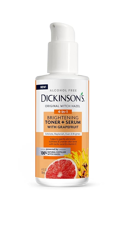 Dickinson's Original Witch Hazel Brightening Toner + Serum with Grapefruit | 100% Natural Distilled Witch Hazel | Alcohol-Free | Gently Exfoliates & Tones Skin | Refines Pores| 4 Fl Oz