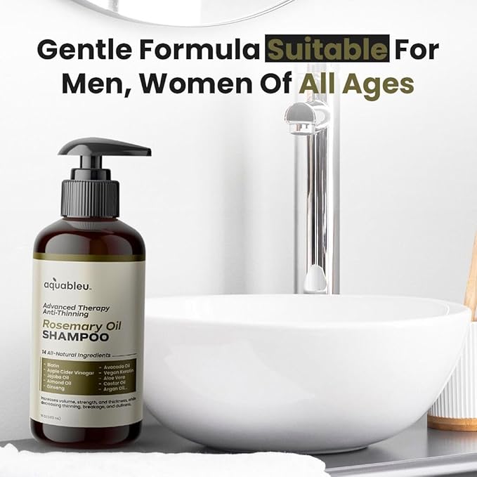 Aquableu Advanced Therapy Anti-Thinning Rosemary Oil Shampoo with 14 All-Natural Ingredients for Volume, Strength, and Thickness (16oz)