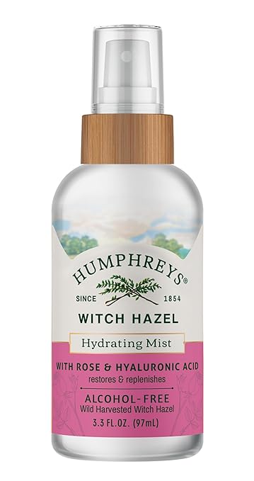 Humphreys Witch Hazel Hydrating Toner Mist Spray | Balancing & Hydrating Facial Toner | Alcohol-Free | Wild Harvested Witch Hazel | Soothing Rose Water | 3.3 Fl Oz Travel Size | Vegan & Cruelty-Free