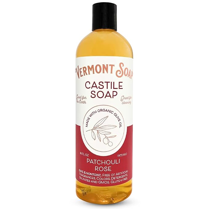 Vermont Castile Soap Patchouli Rose, Gentle Liquid Soap for Sensitive Skin & Natural Body Wash, Organic Hair Shampoo for Oily Hair, Aloe Castile Soap for Men & Women - 16 Oz