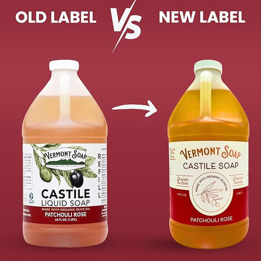 Vermont Castile Soap Patchouli Rose, Gentle Liquid Soap for Sensitive Skin & Natural Body Wash, Organic Hair Shampoo for Oily Hair, Aloe Castile Soap for Men & Women - 64 Oz