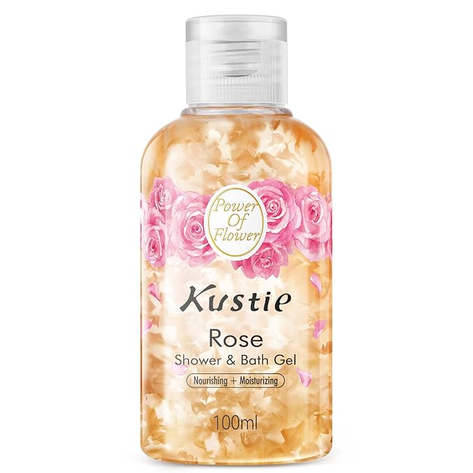 Kustie Rose Anti-Aging Travel Size Body Wash, Real Petals & Rose Oil, 24H Fragrance & Deep Moisturizing, Clear Free Radicals Cleanse Shower Gel for Dry & Mature Skin, 3.38 fl oz