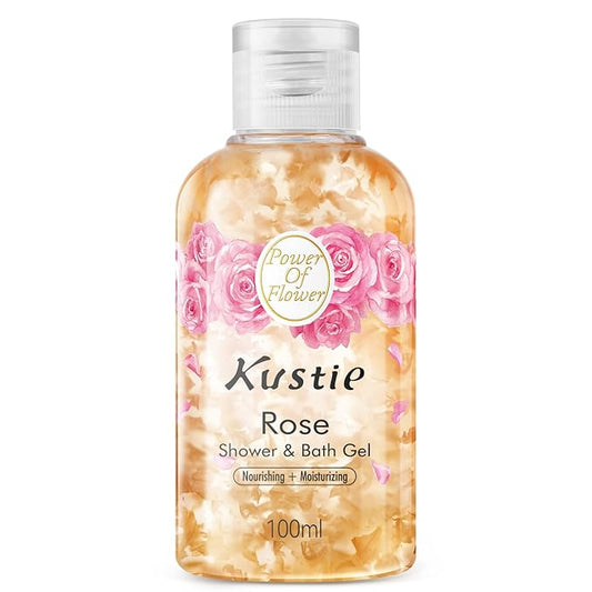 Kustie Rose Anti-Aging Travel Size Body Wash, Real Petals & Rose Oil, 24H Fragrance & Deep Moisturizing, Clear Free Radicals Cleanse Shower Gel for Dry & Mature Skin, 3.38 fl oz