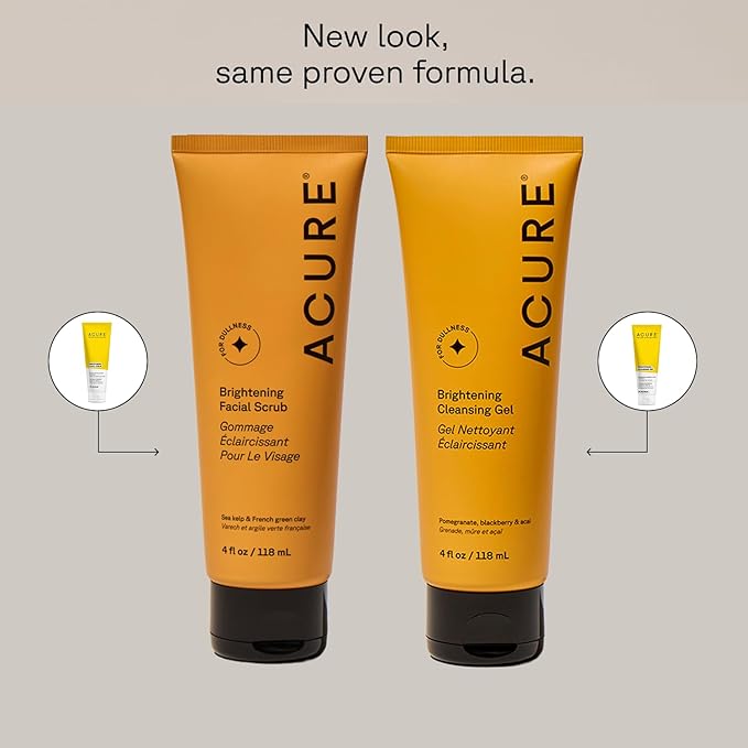 Acure Brightening Facial Scrub & Cleansing Gel Combo Pack - Exfoliating Face Wash & Gentle Daily Facial Cleanser for Radiant Skin with Sea Kelp, Pomegranate & Acai, 100% Vegan - 4 fl oz (2 Pack)