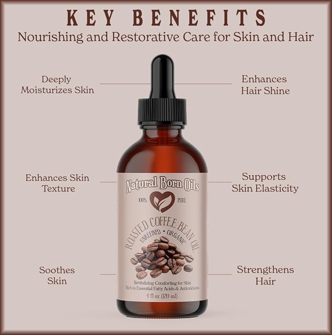 Natural Born Oils Roasted Coffee Bean Oil, 8oz, Organic, Cold-Pressed, Vitamin-Rich, Skin Radiance Enhancer, Hair Conditioner