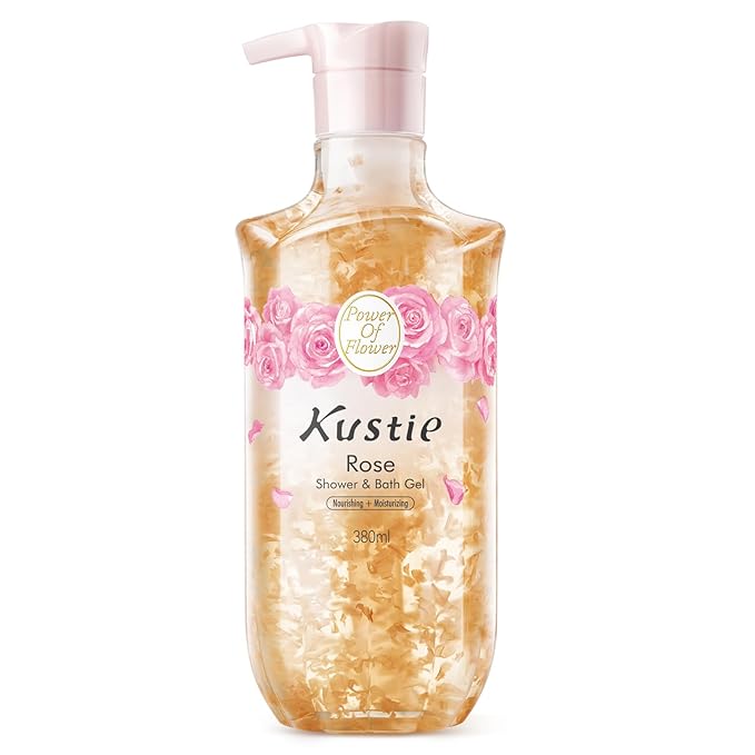 Kustie Rose Anti-Aging Body Wash, Real Petals & Rose Oil, 24H Fragrance & Deep Moisturizing, Clear Free Radicals Cleanse Perfume Shower Gel for Dry & Mature Skin with Pump Bottle, 12.8 fl oz