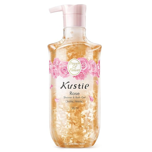 Kustie Rose Anti-Aging Body Wash, Real Petals & Rose Oil, 24H Fragrance & Deep Moisturizing, Clear Free Radicals Cleanse Perfume Shower Gel for Dry & Mature Skin with Pump Bottle, 12.8 fl oz