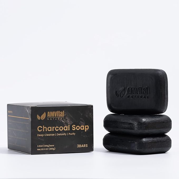 AMVital Natural Charcoal Soap Bar Set - 3-Pack Plant-Based Face & Body Soap for Daily Use - Deep-Cleansing Bar Soap for All Skin Types - Vegan Gift Set for Men & Women