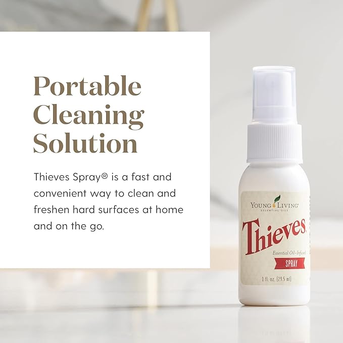 Young Living Thieves Spray | 1 oz | Portable Cleaner Spray, Formulated with Water & Alcohol, Ideal for Travel Essentials & Home; Fits in Backpack, Luggage, or Purse | 2 Pack