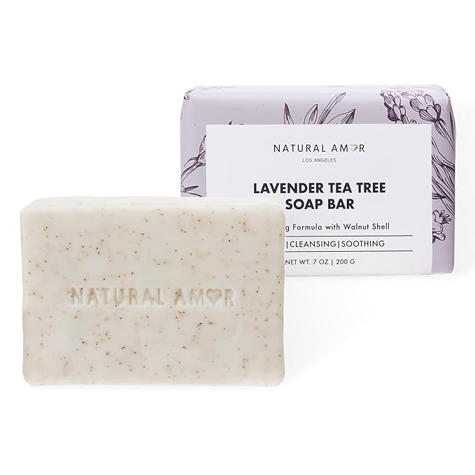 Natural Amor Lavender Tea Tree Soap Bar 7oz – Natural Exfoliating Body Soap with Walnut Shell – Long-Lasting Triple Milled Moisturizing Bar for Men & Women