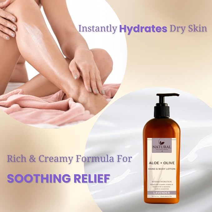 Lavender Body Lotion for Dry Sensitive Skin, Eczema Relief Moisturizer with Aloe Vera, Olive Oil, Ceramides, Vitamin B5 and E, Hand and Body Cream for Women and Men, 8oz