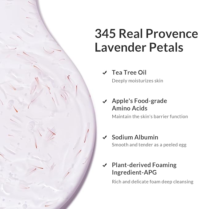 Kustie Lavender Petal Body Wash – Real Provence Petals in Clear Pump Bottle – Antibacterial, Moisturizing & Anti-Acne Shower Gel with Tea Tree Oil, 24HR Floral Scent for Sensitive Skin, 12.8 fl oz