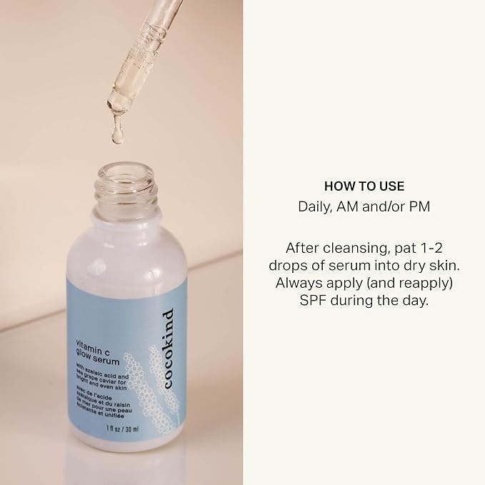 Cocokind Vitamin C Glow Serum with Azelaic Acid and Sea Grape Caviar for Bright and Even Skin, 1 Fl Oz