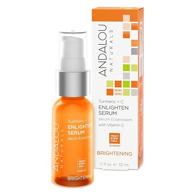 Andalou Naturals Turmeric + Vitamin C Enlighten Serum | Illuminating Face Treatment for Uneven Tone & Sun Damage | With Turmeric and Fruit Stem Cells | 1.1 fl oz