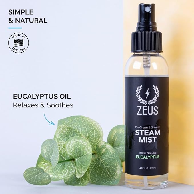 ZEUS 100% Natural Eucalyptus Oil Steam Mist, Aromatherapy Spray for Shower, Sauna, Bath & Pre-Shave, Nasal Relief & Spa-Inspired Refreshment (Made in USA) 4 oz.