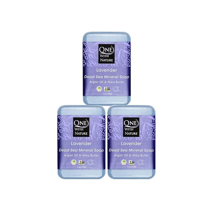 One With Nature Dead Sea Salt Lavender Soap 4oz 3-Pack – Soothing and Exfoliating Soap Bar with Dead Sea Minerals for Face & Body, for Men & Women