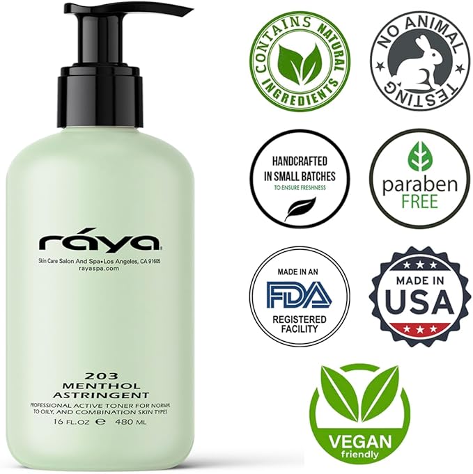 RAYA Menthol Astringent 16 oz (203) | Effective Facial Toner for Combination and Partially Oily Skin Prone to Break-Outs | Helps Refine, Tighten, and Protect pH Balance | Cools, Refreshes and Soothes