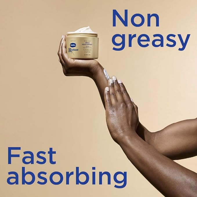 Vaseline Radiant X Deep Nourishment Body Cream 100% Pure Shea Butter, Coconut Oil, Vitamin C, & Peptides 10 oz