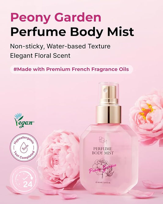 BOM Peony Garden Perfume Body Mist 3.71 Fl Oz, Floral Scented Fine Mist with Hyaluronic Acid, Niacinamide & Vitamin C, Hydrating, Lightweight Spray with Long-Lasting Fragrance, Korean Skincare