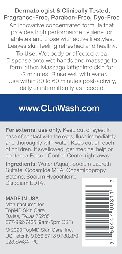 CLn® SportWash – High-Performance Sport Body Wash, For Men & Women Prone to Body Odor, Foot Odor, Ringworm, Folliculitis, & Back Acne, Fragrance-Free & Paraben-Free, 3.4 fl. oz.