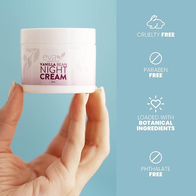 Eva Naturals Vanilla Bean Night Cream – Overnight Face Moisturizer with Vitamin E, C, B Complex & CoQ10 – Anti-Aging Facial Lotion with Green Tea & Shiitake – Hydrating Cream for Renewed, Smooth Skin
