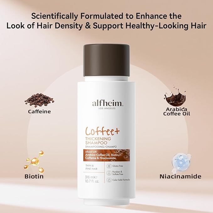 ALFHEIM Coffee+ Thickening Shampoo | Caffeine & Biotin for Hair Growth & Strength | Volumizing & Moisturizing for Fine, Thinning Hair | Sulfate-Free, Color-Safe Formula | 10.7 fl oz