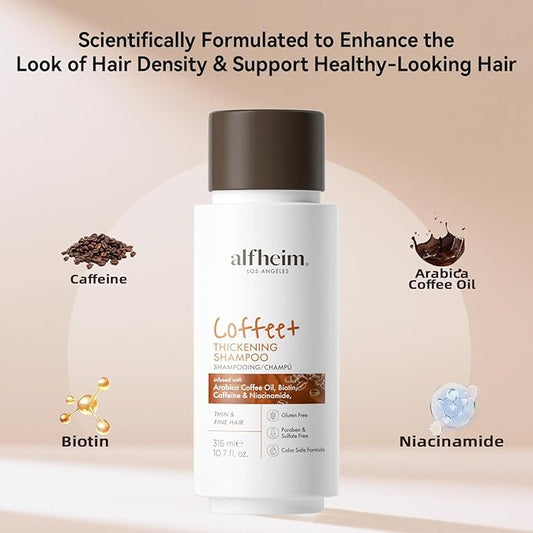 ALFHEIM Coffee+ Thickening Shampoo | Caffeine & Biotin for Hair Growth & Strength | Volumizing & Moisturizing for Fine, Thinning Hair | Sulfate-Free, Color-Safe Formula | 10.7 fl oz