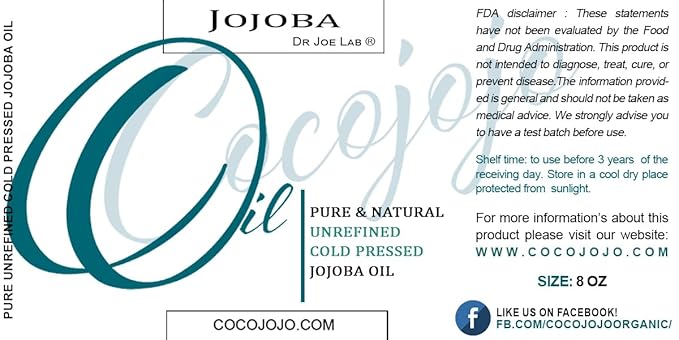 Dr Joe Lab Jojoba Oil Organic, for Hair Growth, Skin, Face, 100% Pure Natural, Cold Pressed, Deep Moisturizing Anti-Aging, Essential Oils - 8 Fl Oz