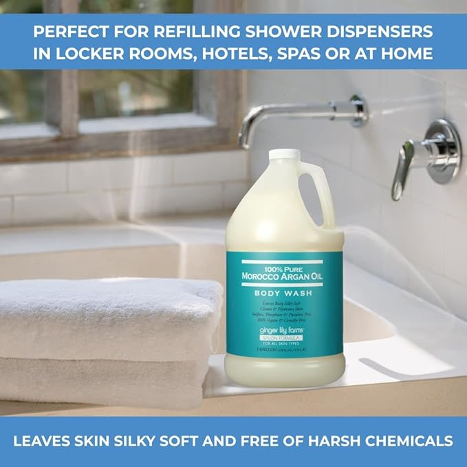 Ginger Lily Farms Salon Formula 100% Pure Morocco Argan Oil Body Wash for All Skin Types, 100% Vegan & Cruelty-Free, 1 Gallon Refill (Pack of 4)