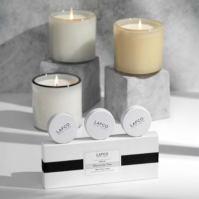 LAFCO New York Discovery Trio Best Sellers: Chamomile Lavender, Champagne & Feu de Bois - 3 Fragranced Candle Sample Tins - 4-Hour Burn Time Each - Made in The USA
