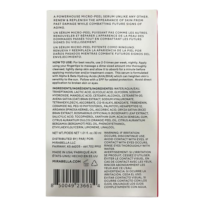 Mirabella All In One Clarifying Serum Micro Peel for Anti Aging - Hydrating 7% Glycolic Acid & 8.8% Lactic Acid Serum Face Peel with AHA BHA Exfoliant, 1 Oz