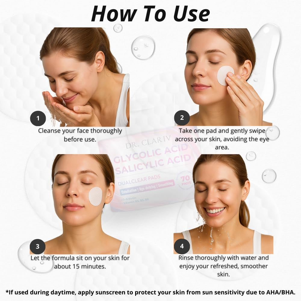 Glycolic Acid Pads for Face – Exfoliating Toner Pads with Salicylic Acid, Alpha Arbutin, Vitamin B3 B5 B8 – Daily Facial Radiance Pad for Smooth Texture, Clear & Blemish-Free Skin – 70 Count