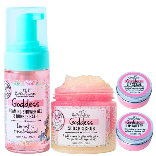 Bella & Bear Goddess MIdi Bath & Body Gift Set with Foaming Shower Gel & Bubble Bath, Body Scrub & Lip Scrub and Lip Butter - Gift - Women
