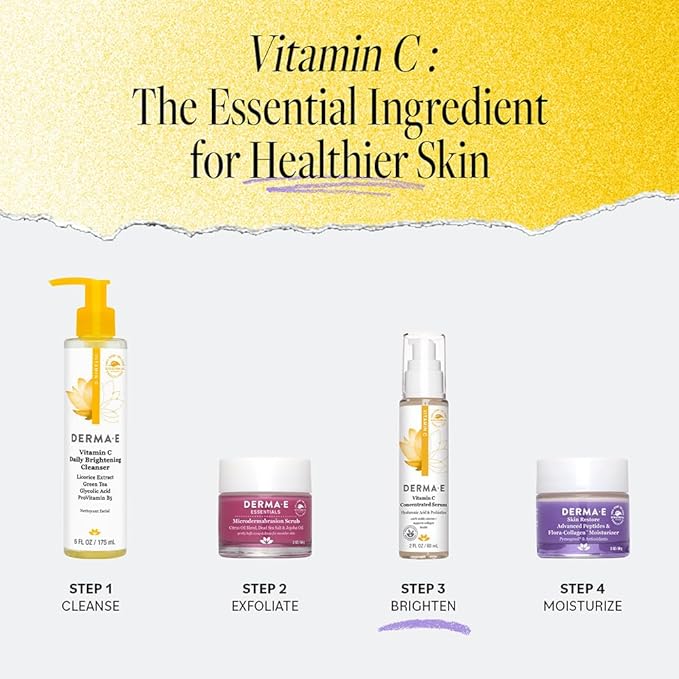DERMA E Vitamin C Concentrated Serum, 2 Oz, with Hyaluronic Acid, Vitamin E & Aloe, All Natural, Antioxidant-Rich Concentrated Formula, Hydrating & Brightening Vitamin C Face Serum